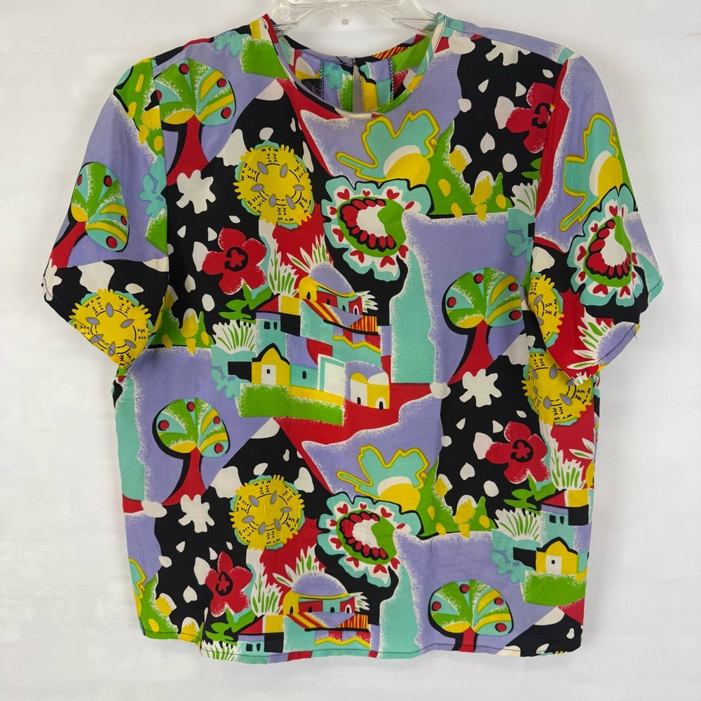 Vintage Laura & Jayne Silk Mushroom Print Graphic Short Sleeve Blouse Size Small
